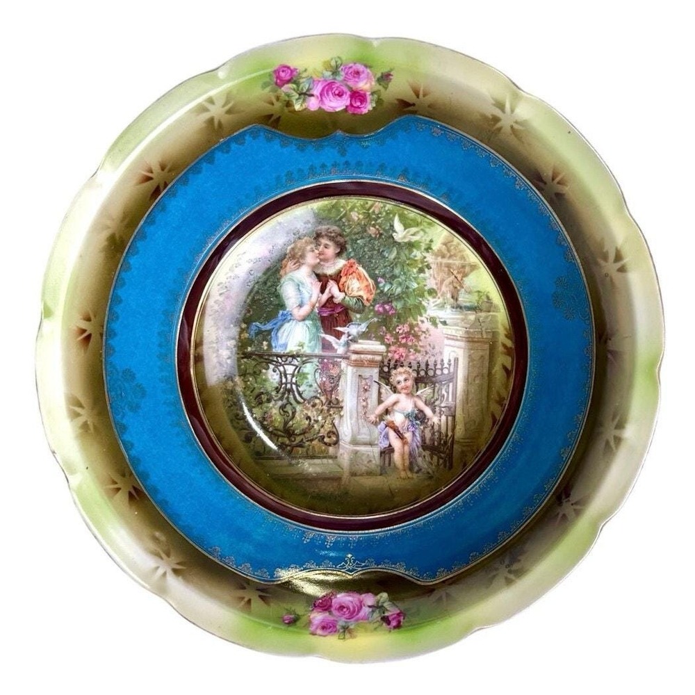 Victoria Austria Porcelain Bowl with Romantic Scene, Roses, Blue & Green Trim